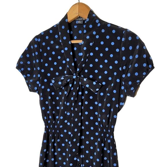 Short Sleeve Polkdot Mini Dress W/ Smocked Waist & Neck-Tie - Picture 4 of 8